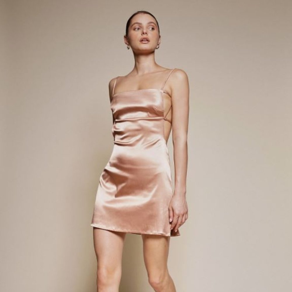 NEW Satin Backless Mini Tan Dress